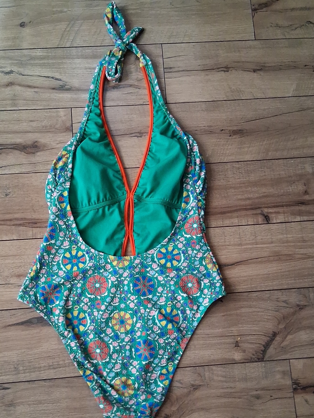 Women's Green Mosaic Halter V Neck One-Piece Swimsuit with Coral Trim Large - Picture 9 of 16